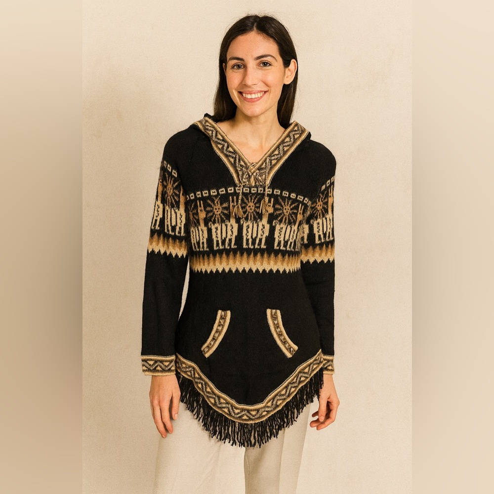 Kactus Artesan 100% Alpaca Black Tan Southwest Peru Hoodie Sweater Sz S EUC
